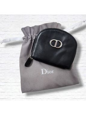 Christian Dior 30 Montaigne CD Logo Black Leather Zip Coin Case Purse